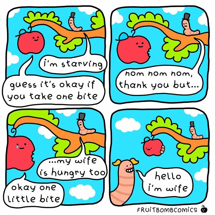 A comic about two worms feeding on an apple