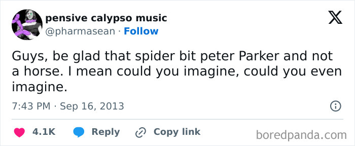 Tweet text joke about Spider-Man's origin with humor about a spider bite.