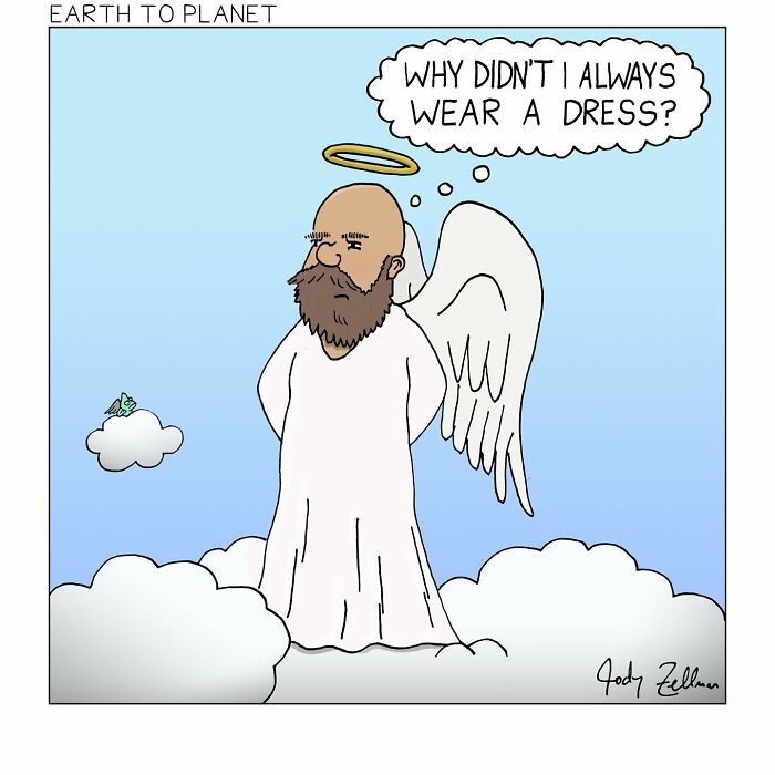 A comic about an angel thinking he should've always wore a dress