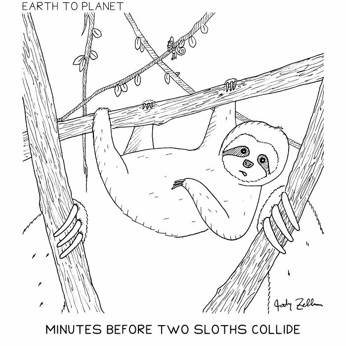 A comic about two sloths hanging on a tree