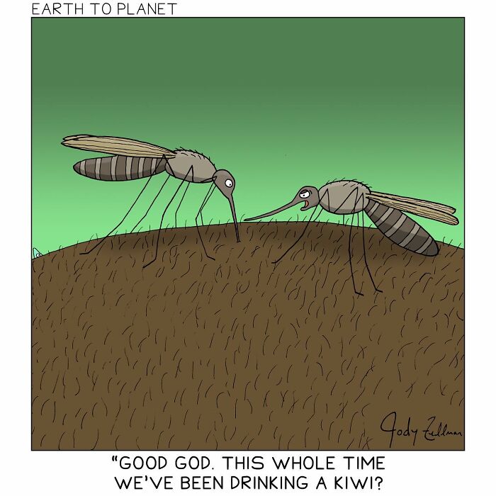 A comic about two mosquitoes drinking a kiwi