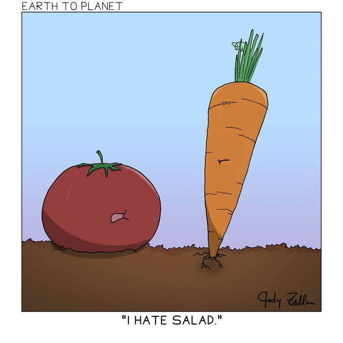 A comic about vegetables hating salad