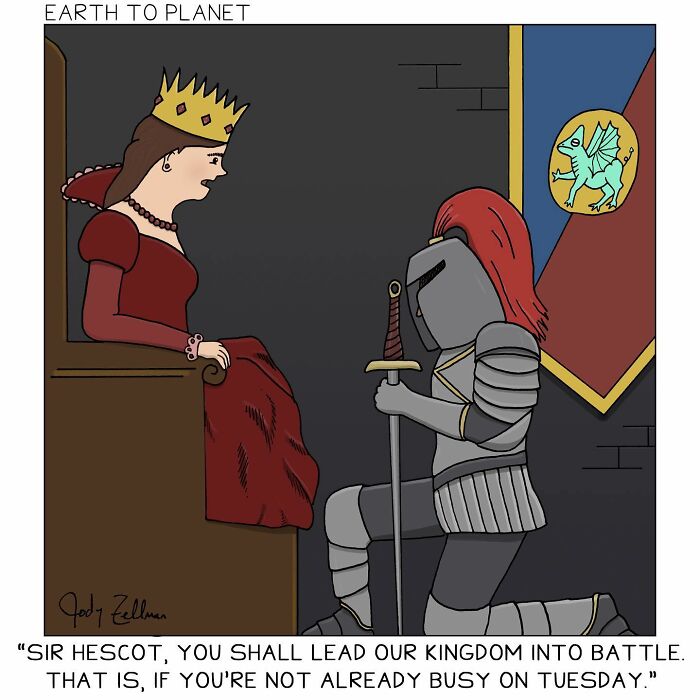 A comic about a queen asking a knight to the kingdom into battle