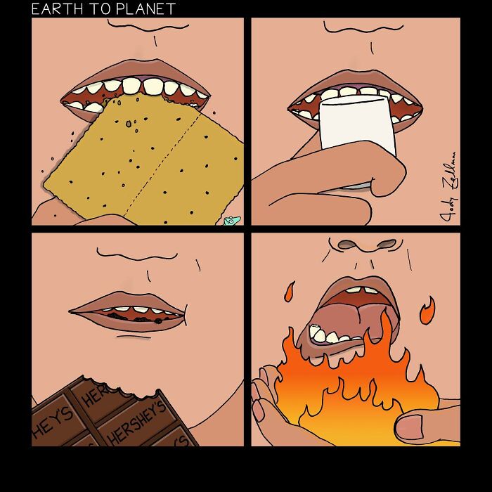 A comic about making bonfire marshmallow sandwiches in mouth