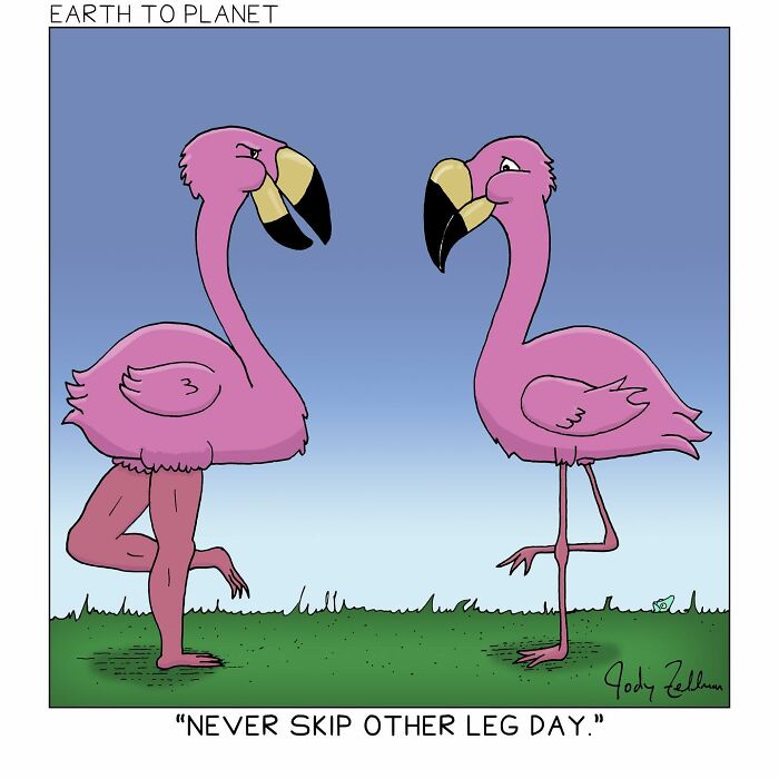 A comic about two flamingos talking about never skipping a leg day