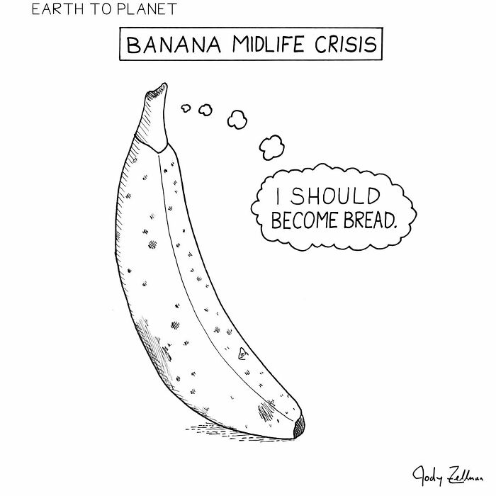 A comic about a banana that is contemplating to become bread