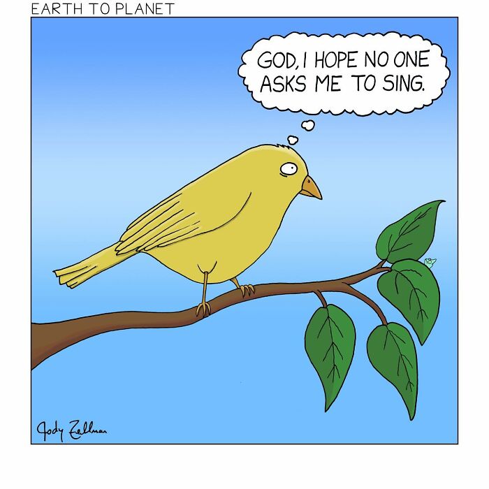 A comic about a bird that is worried others will ask it to sing
