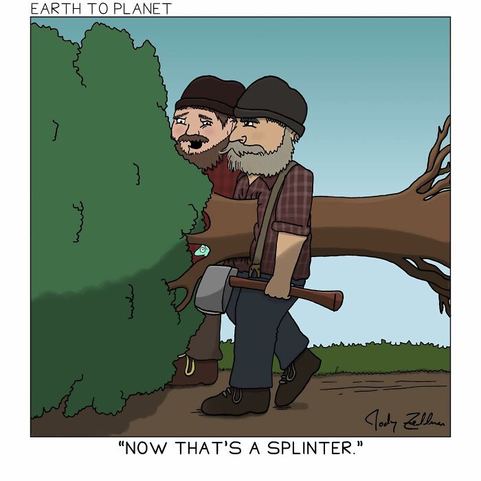 A comic about two lumberjacks carrying a tree
