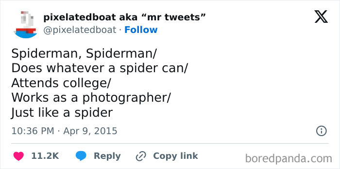 Spiderman meme tweet with humorous lyrics about being a college student and photographer.