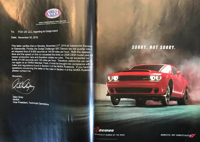 This Ad For The New Dodge Demon Is Simply The Letter From The NHRA (National Hot Rod Association) Telling Them It’s Too Fast To Be Allowed