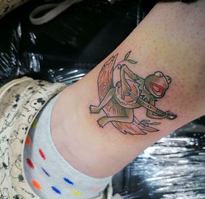 Kermit the Frog playing with guitar ankle tattoo