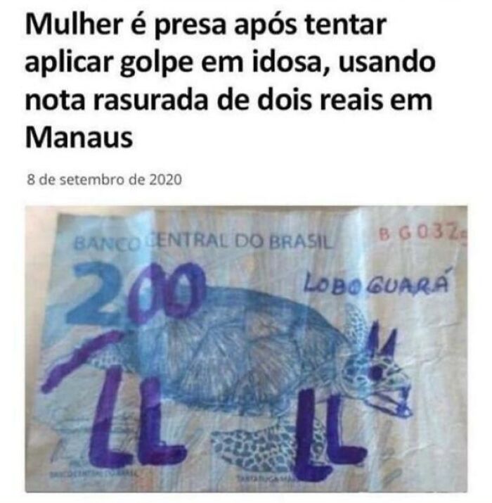Translation: “Woman Is Charged After Attempting To Scam A Old Lady, Using A Fake 2 Reais Ballot In Manaus” - Just Wow