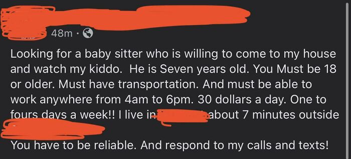 Mom In My Hometown Wants Someone To Babysit Her Kid For $30/Day, But Must Be Available 14 Hours A Day