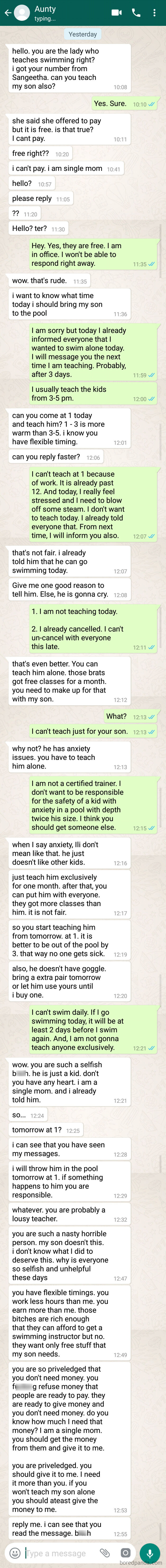 I Teach Swimming To Kids For Free Even Though I Was Offered Money. Mombie Demands That I Have To Teach Her Son Exclusively. And To Give Her The Money Offered As I Don't Need It
