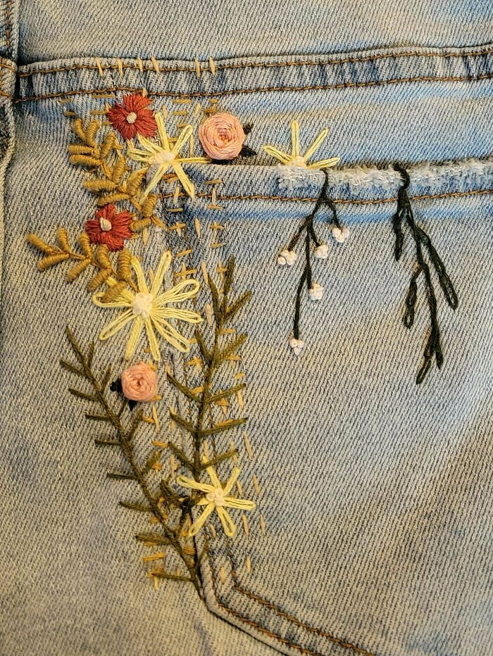 My First Attempt. I Had A Rip Going Up The Entire Side Of The Pocket. I Tried Some Darning And Then Some Simple Embroidery. The Pocket Is Still Usable