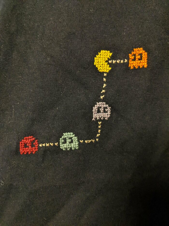 Mended A Small Hole In A T-Shirt With Cross Stitch
