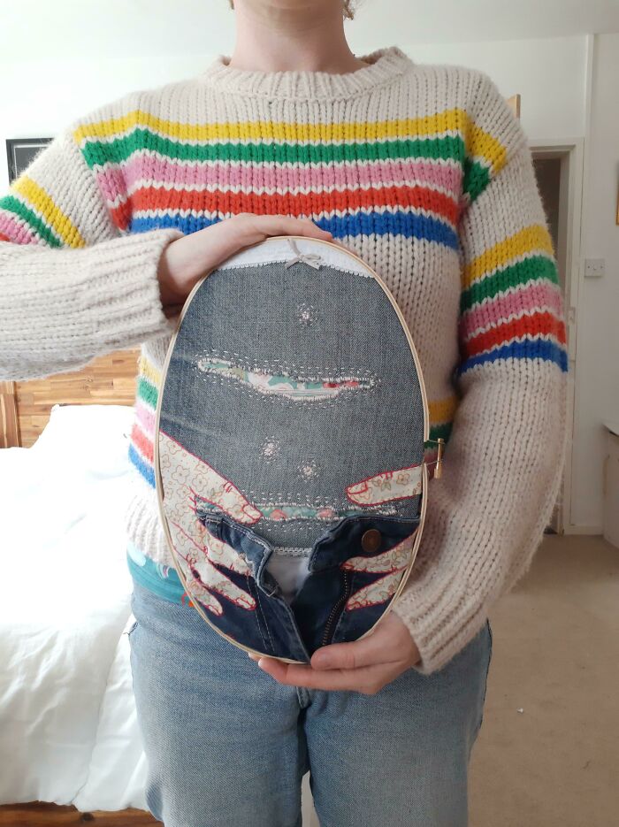 Torn Jeans Mended With Floral Patches Behind, Now An Artwork About Scars And Healing