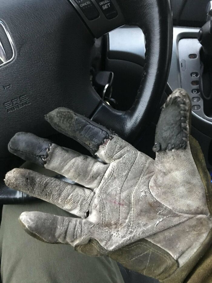 I Go To Welding School And People Are Constantly Throwing Away Gloves With Only One Or Two Holes; At This Rate I’ll Never Need To Buy Another Pair. Franken-Gloves For The Win!