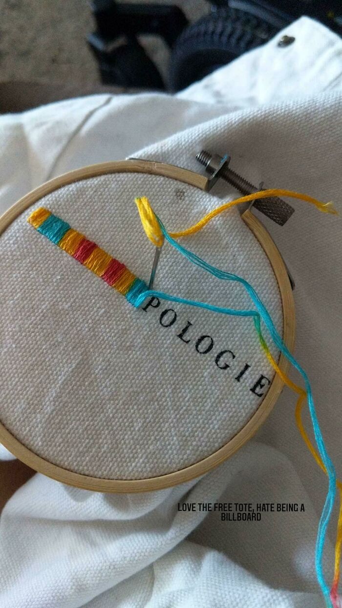 I Got This Free Tote Bag But I Hate Wearing Logos, So I Did A Simple Embroidery Over It