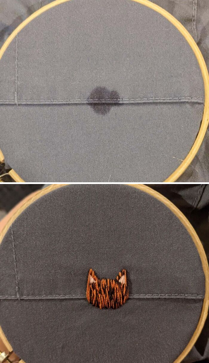 A Sharpie Leaked In My Scrubs Pocket And Didn't Come Out After Several Washes. I Do Work At An Animal Shelter, So I Embroidered A Cat Over The Stain