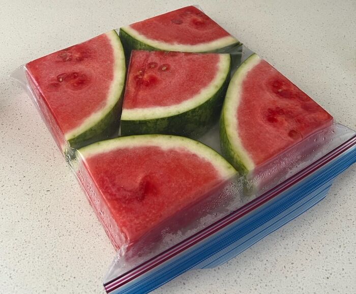 Watermelon In A Ziplock Bag. It Took 3 Bags But It’s The Most Efficient Way
