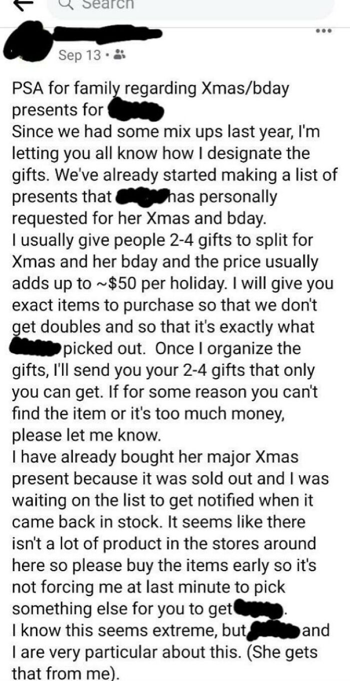 Mother Demands You Only Buy Specific Gifts For Birthday And Holiday. For Context, The Child Is Like 4 Years Old