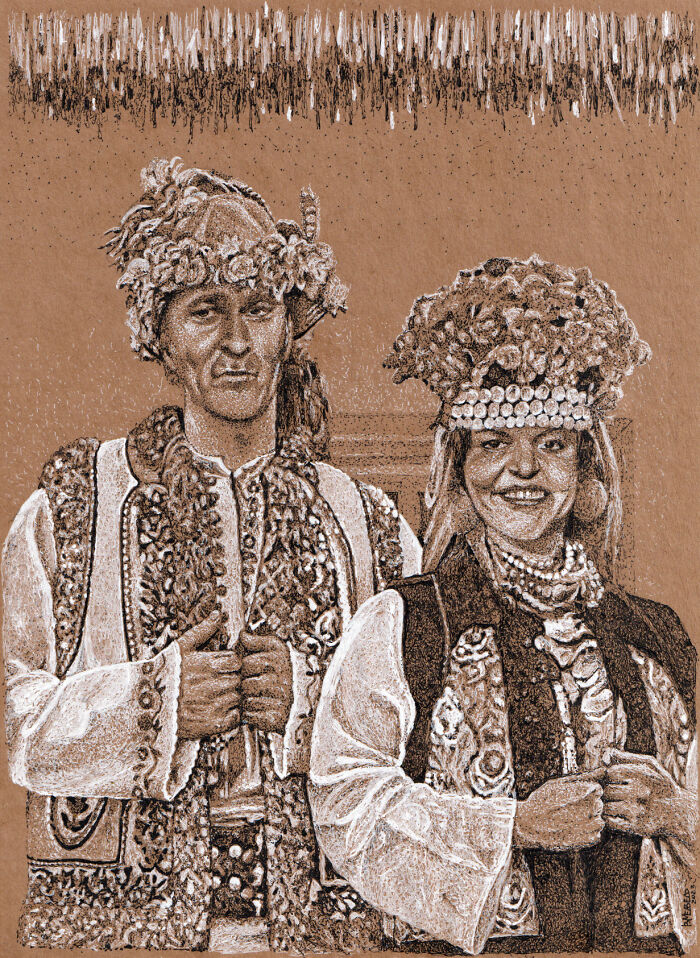 Dot Drawing Of A Cossack Woman And A Cossack Man
