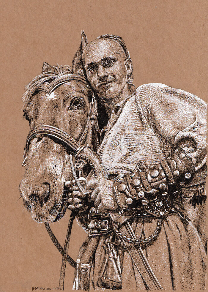 Dot Drawing Of A Cossack Man With A Horse