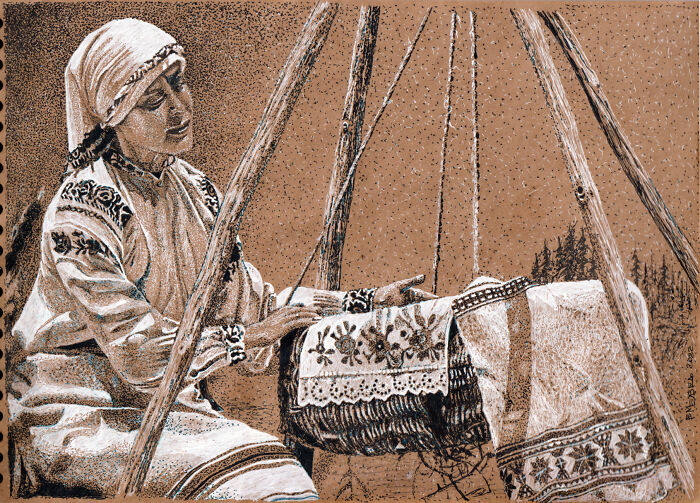 Dot Drawing Of A Cossack Woman And A Crib