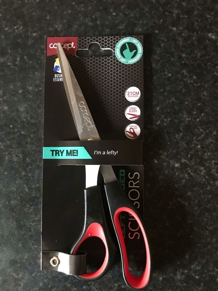 The Packaging Of This Pair Of Left-Handed Scissors Was Designed By A Right-Handed Person