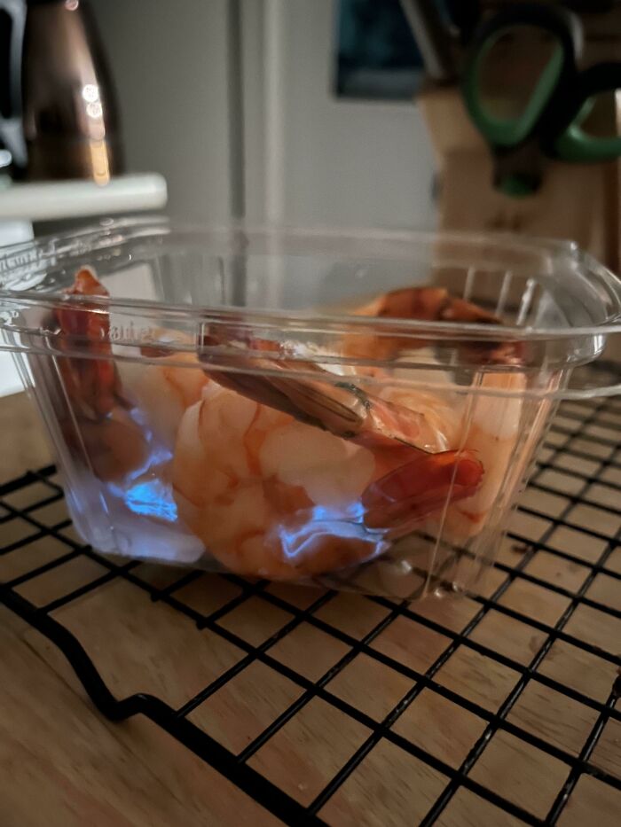 These Cooked Shrimp I Bought Are Glowing Blue In The Dark