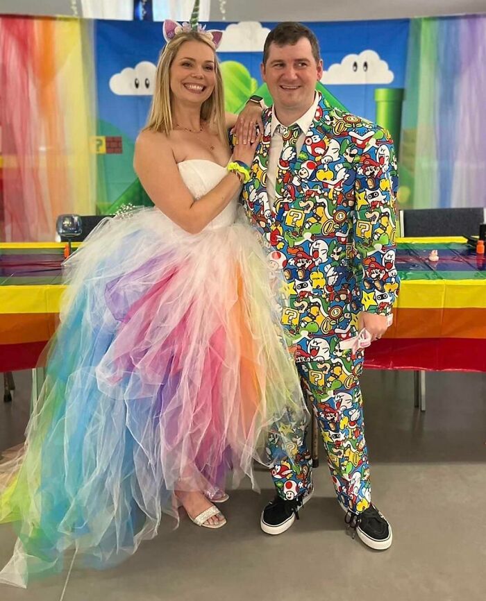 Our Super Mario And Rainbow Unicorn Wedding. We Decided To Have Some Fun With Our Wedding Reception. Our Wedding Party Was All In Rainbows Too