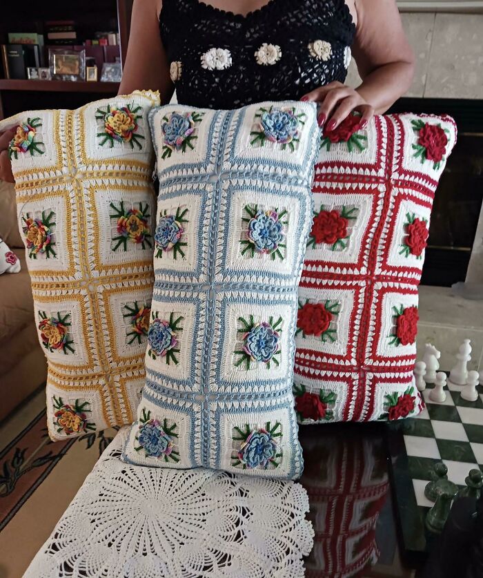 My Mom Crochets From Just Looking At Things And Made These Pillows!