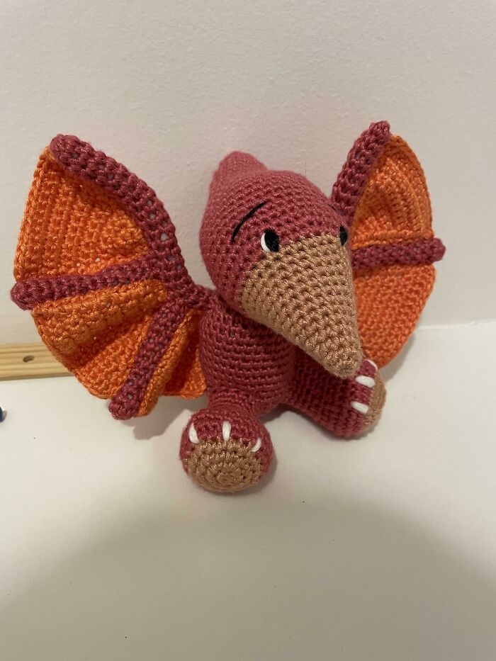 My Coworker Begged Me For A Red Pterodactyl For His New Baby. I Hope He Likes What I Made! It Even Has A Little Rattle Inside