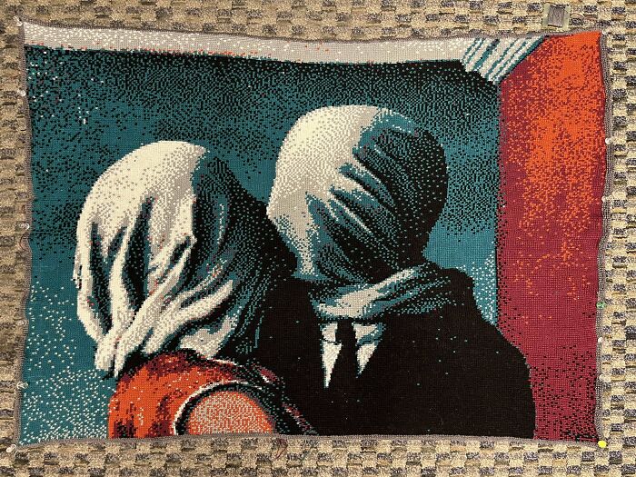 “The Lovers II” By Rene Magritte, Reimagined In Tunisian Crochet By Me