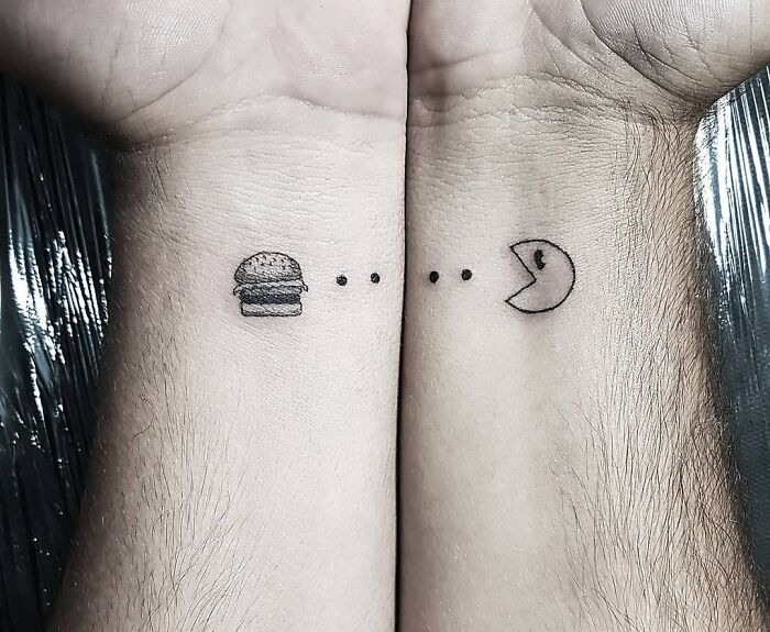 Pac-man and burger tattoos