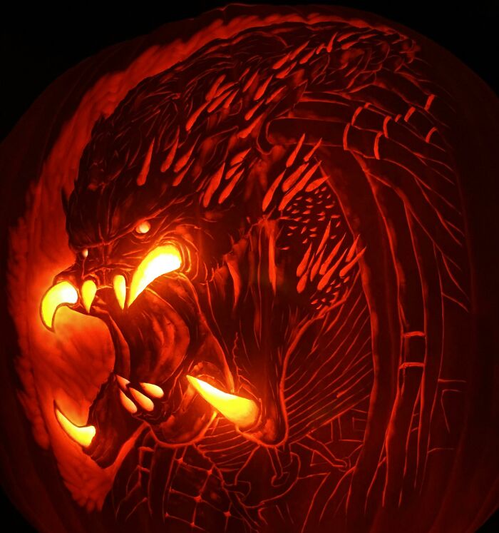 My Dad Carved Alien Ten Years Ago, But Now He’s Come Full Circle And Carved Predator For His Yearly Pumpkin Carving. Happy Halloween
