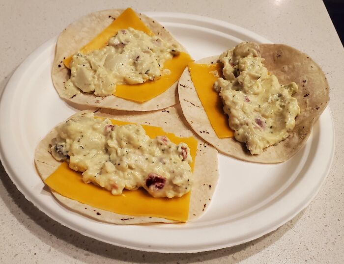 Potato Salad And Sharp Cheddar On Corn Tortillas. Wife Is Pregnant