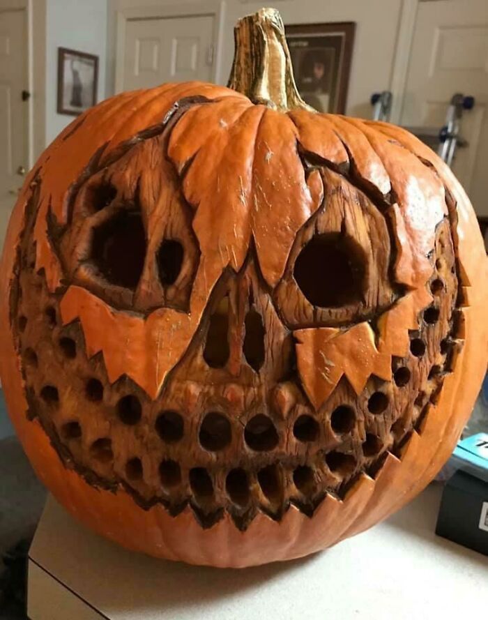Carved By My Incredibly Talented Husband. Yes, It’s A Real Pumpkin. He Used Watered-Down Acrylics To Create The Aged Wood Texture