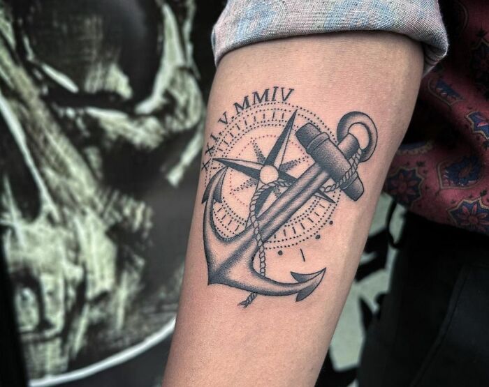 Compass and anchor memorial forearm tattoo