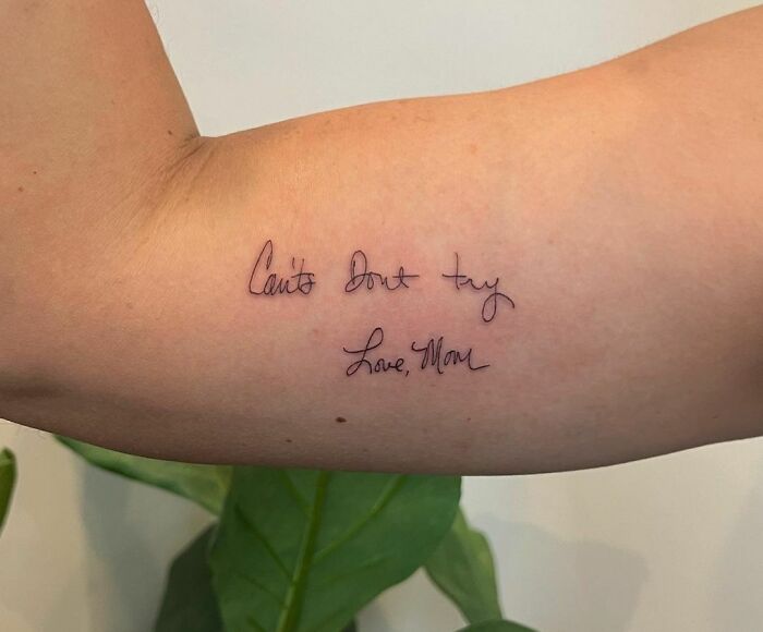 Handwriting script mom memorial arm tattoo