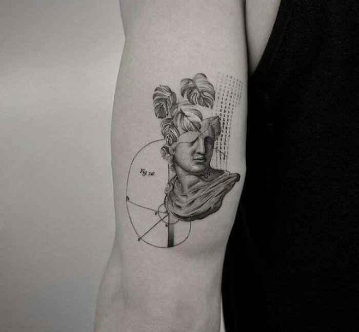 Apollo, plants, family in Hebrew, binary codes and fibonacci spiral arm tattoo