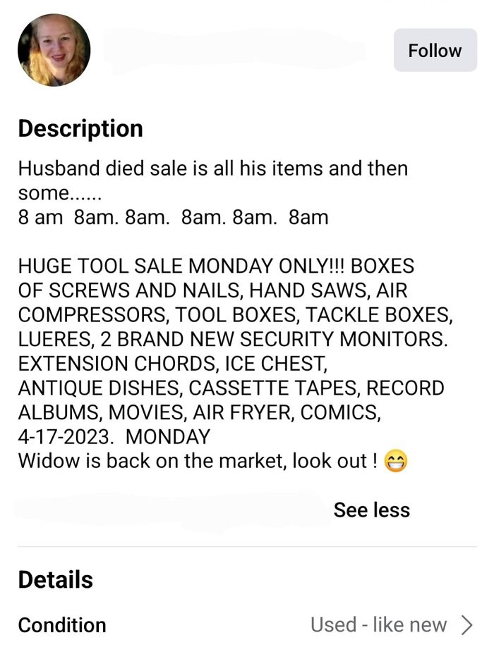 Husband Died And Selling His Tools. Also, She's Back On The Market