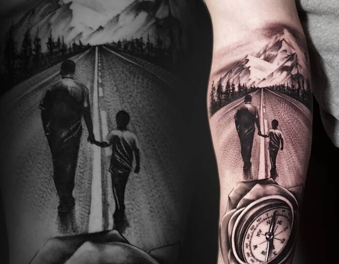 Tribute of son and dad arm tattoo