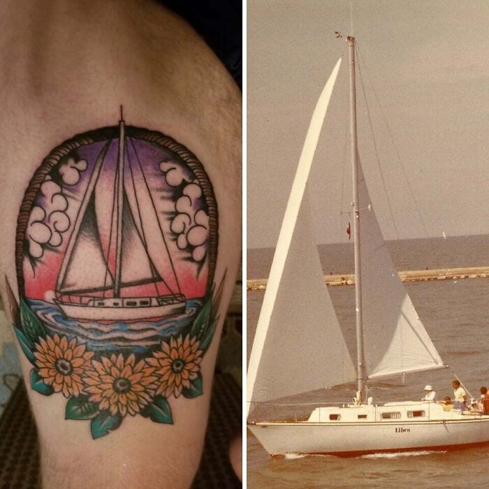 Colorful family boat with flowers leg tattoo