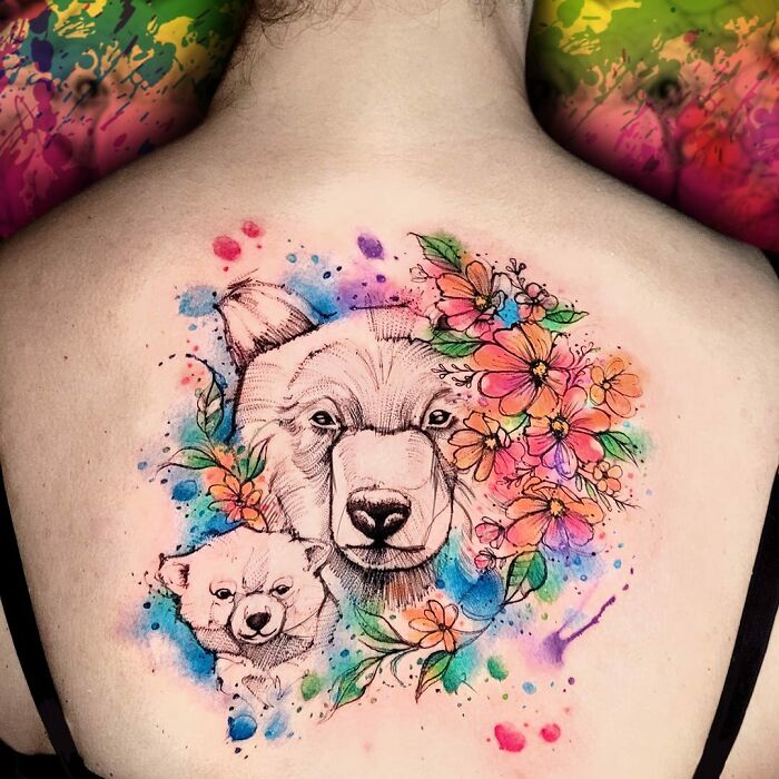 Colorful bear family with flowers back tattoo