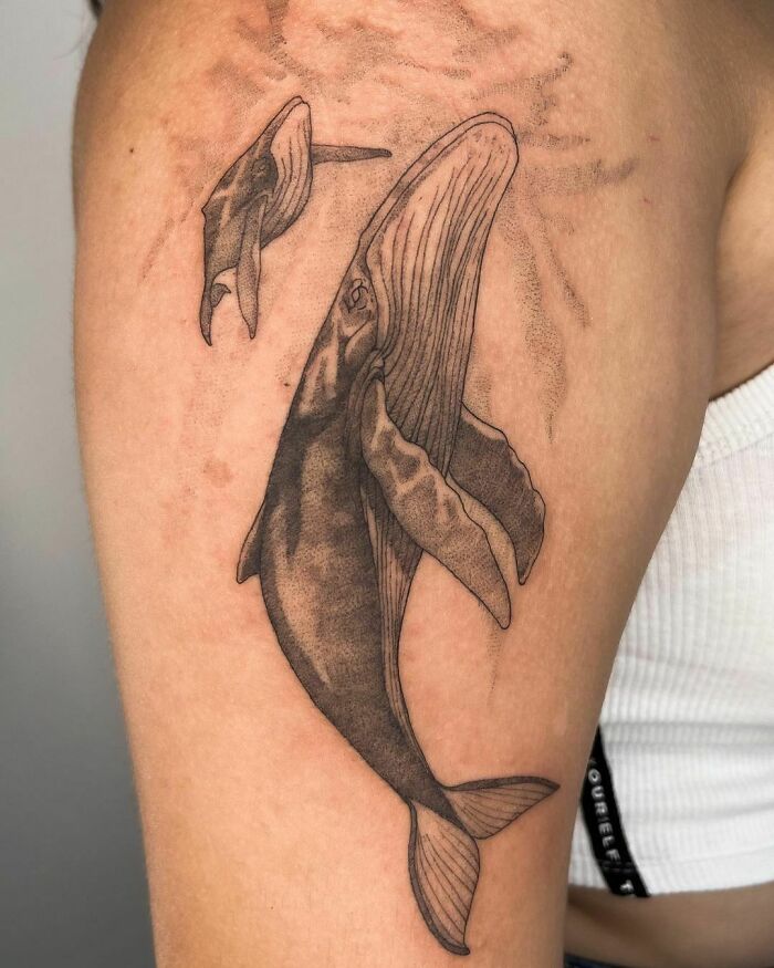 Whale family arm shoulder tattoo