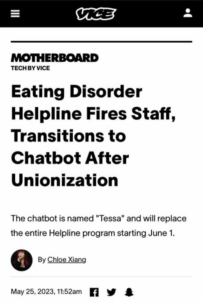 Eating Disorder Helpline Fires And Replaces Staff With Chatbot After Unionization