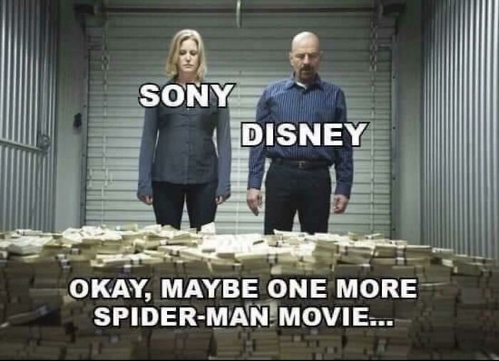 Sony and Disney looking at stacks of cash, hinting at another Spider-Man movie for profit.