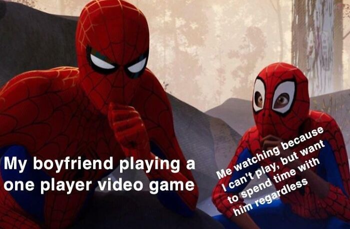 Spiderman meme with two characters; one playing a video game, the other watching, with humorous text about spending time together.